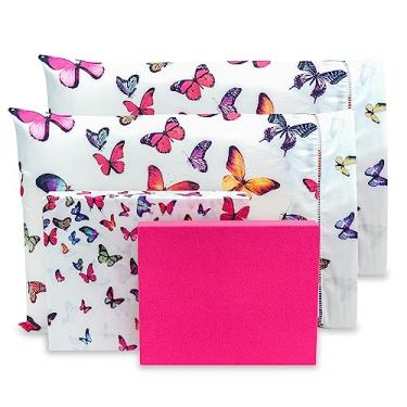 Imagem de Jogo Lençol Queen 6 Peças Ponto Palito Estampado Percal 180 fios 40CM ALTURA (Borboletas Pink)