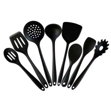 Imagem de Kit Utensílios de Silicone 8 Peças com Balde Espátulas e Colheres para Panelas Antiaderentes Alta Resistência ao Calor (Preto)