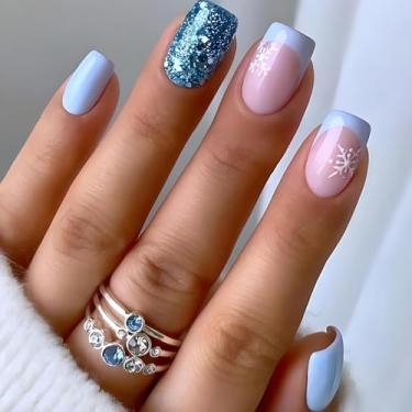 Imagem de 24 peças de unhas postiças quadradas curtas de Natal, unhas postiças francesas com glitter azul, unhas postiças de acrílico rosa com cobertura completa com design de floco de neve, unhas removíveis
