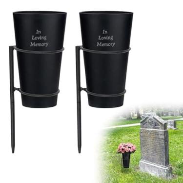 Imagem de Vaso de metal para cemitério, porta-flores, cemitério, vaso de flores com pontas no chão, marcadores de túmulos memoriais, cemitério, decoração funerária (preto-BE-2 peças)