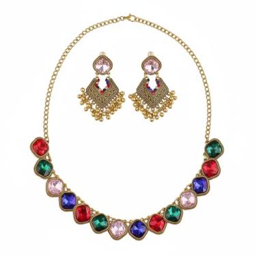 Imagem de Brincos Boho Conjunto de Joias para Mulheres Indiano Bollywood Bollywood Borla Pingente Jhumka Brinco Pingente Pingente de Cristal Corte Quadrado Gargantilha Colares Vintage Noiva Casamento Formal