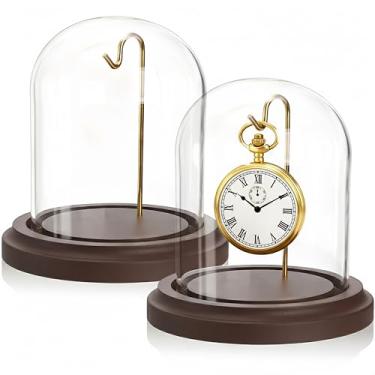 Imagem de ZOOFOX Pacote com 2 unidades de cúpula de vidro para exibição de relógio de bolso, cloche de vidro transparente com gancho e base de madeira, frasco de sino decorativo de 7,6 cm x 10 cm para relógio