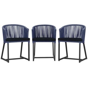 Imagem de 3 Cadeiras De Jantar Noronha Preta Corda Náutica E12 Trama Azul