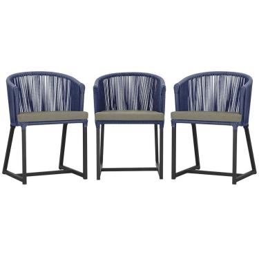 Imagem de 3 Cadeiras De Jantar Noronha Preta Corda Náutica E8 Trama Azul