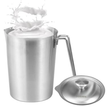 Imagem de Jarra de espuma de leite de aço inoxidável 304, copo medidor de vapor de leite de 2000 ml com tampa e alça, caneca de café, copos graduados de boca grande para escritório, cozinha, cafeteria (2000 ml)
