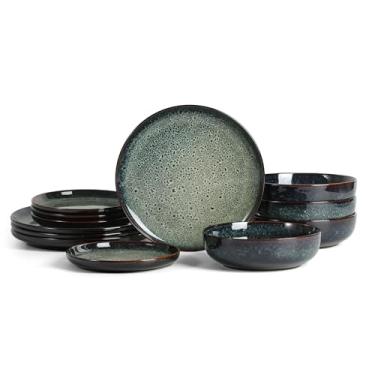 Imagem de Stone Lain Conjunto de louça Remy de 12 peças, utensílios de grés, pratos e tigelas, seguro para lava-louças e micro-ondas, conjunto de pratos para 4, azul