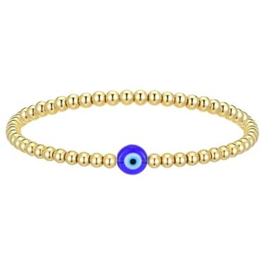 Imagem de Yolev Pulseira feminina com contas de olho turco moderna com contas de ouro com pingente de olho turco, pulseiras ajustáveis com contas douradas, contas boho, bolas de amizade, pulseiras elásticas
