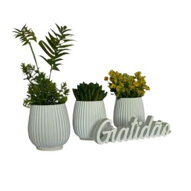 Imagem de Kit 3 Vasos Decorativos Linhas Verticais Com Palavra Gratidão Item decorativo Para Casa(Branco)