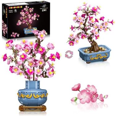 Imagem de HOGOKIDS Conjunto de montar bonsai de flor de cerejeira – 2 em 1, plantas de árvore de bonsai artificiais para decoração de casa e exibição de cerejeira, flores botânicas, brinquedo de construção