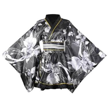 Imagem de Women's Sexy Short Kimono Costume Adult Japanese Geisha Prints Gown Halloween Party Fancy Dress with Belt (91# Black)