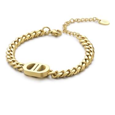 Imagem de CG&KYGG Gargantilha feminina banhada a ouro real 18K com letra D dupla, corrente de elos cubanos de aço inoxidável 316L de 6 mm, presente de aniversário do dia dos namorados e dia das mães (caixa