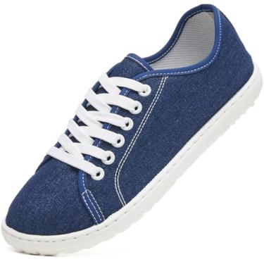 Imagem de TUOPIN Tênis feminino de cano baixo - sapatos de couro sintético preto, tênis clássico de lona jeans com cadarço para caminhadas casuais, Azul marino, 34