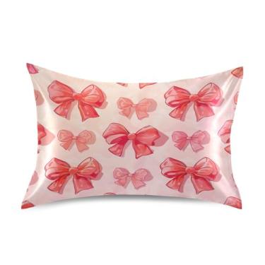 Imagem de Blueangle Fronha de cetim Red Bows para cabelo e pele, fronha de seda, tamanho Queen (51 x 76 cm) - Capas de almofada de cetim com fecho de envelope (442)