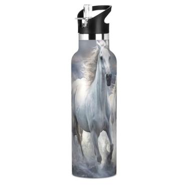 Imagem de Blueangle Garrafa de água de 590 ml com canudo - Garrafa de água esportiva de aço inoxidável sem BPA, design de corrida de cavalos brancos à prova de vazamento para academia, atividades ao ar livre