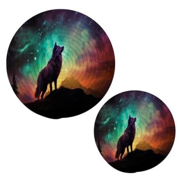 Imagem de KEEPREAL Dreamscapes Wolf Trivets para pratos quentes - Conjunto de 2 peças de suportes de panela de algodão trançado resistente ao calor - porta-copos redondos para cozinhar, assar #133