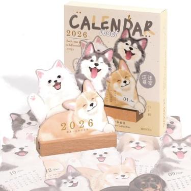 Imagem de Chakralux Calendário de mesa pequeno 2026 com design mensal de gato/cachorro – Mini agenda de escritório decorativa com suporte de madeira para casa, escritório, presente escolar para amantes de cães