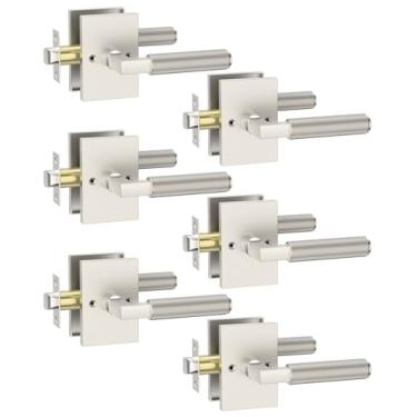 Imagem de Asidrama Pacote com 6 maçanetas de porta de passagem de níquel acetinado escovado, maçaneta de porta com maçanetas internas para quarto ou banheiro, puxadores de porta resistentes interiores com