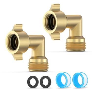 Imagem de 2 pacotes de mangueira de jardim 90 graus cotovelo 3/10.2 cm adaptador de latão resistente com 4 arruelas encaixe de mangueira de latão sólido para RV