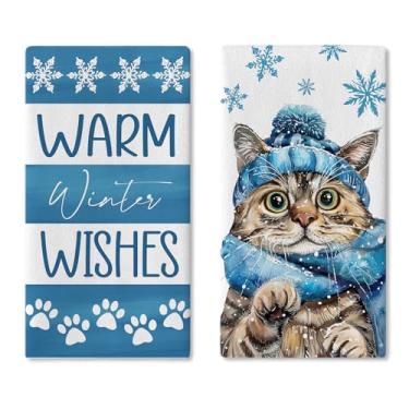 Imagem de Croar Warm Winter Wishes Conjunto de 2 toalhas de prato de cozinha gato malhado, toalha de mão de secagem azul, pano de cozimento, dono de animais de estimação, presente para amantes, estampa de pata