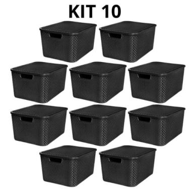 Imagem de Kit 10 Caixas Organizadora Rattan com Tampa 7 Litros Preto Praticidade