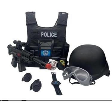 Imagem de Kit Policial Infantil com Colete, Rifle, Capacete, Óculos e Acessórios, Preto, Plástico