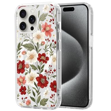 Imagem de Vulfwela Linda capa de telefone magnética de flor transparente para iPhone 15 Pro Max de 6,7 polegadas, compatível com MagSafe, estampa floral vermelha e branca estética fina TPU à prova de choque