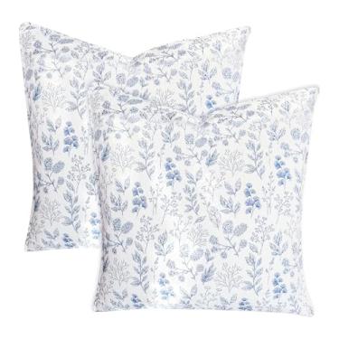 Imagem de Lady Ann Conjunto de capas de almofada, azul e branco, estampa floral e folhas, 66 x 66 de 2, fronhas acolchoadas de algodão Euro macio e aconchegante para sofá-cama, sala de estar e decoração de casa