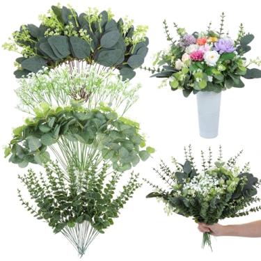 Imagem de Grevosea 120 peças de hastes artificiais de eucalipto, folhas a granel, 4 tipos de grana falsa, respiração de bebê, flores artificiais, sprays para buquês faça-você-mesmo, arranjos florais para