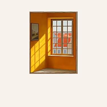 Imagem de PHWWDSUQA Arte de parede laranja minimalista moderna, GoldenHourVibrantWindow Silhouette Landscape WindowViewDecorative Scenic Colorido para sala de estar, 50 x 70 cm sem moldura
