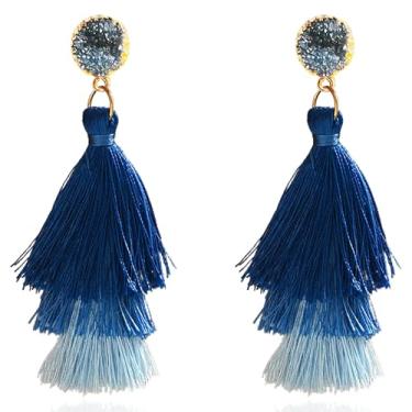 Imagem de CWVHQ Brincos femininos com pingente de borla azul Boho com franja em camadas boêmia com franja em camadas, Small, Acrílico, Sem pedra preciosa