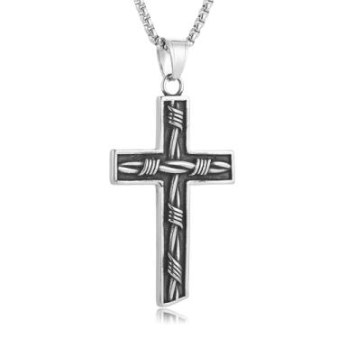 Imagem de HZMAN Colar com pingente de cruz gótica de aço inoxidável, crucifixo com design de pregos, corrente ajustável de 56 cm para homens e mulheres, joias religiosas punk rock