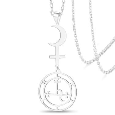 Imagem de VASSAGO Lilith Colar Símbolo da Deusa Lilith Black Moon Sigil de Lilith Black Moon Astrologia Crescente Cruz Pingente Dupla Proteção Gótica Bruxaria Pagan Amuleto de Sorte Joias Mulheres Homens