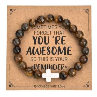 Imagem de Pulseira de cruz religiosa para mulheres e homens, joias de fé cristã, pulseira elástica de pedra natural feita à mão, One Size, Vidro, Sem Pedra Preciosa