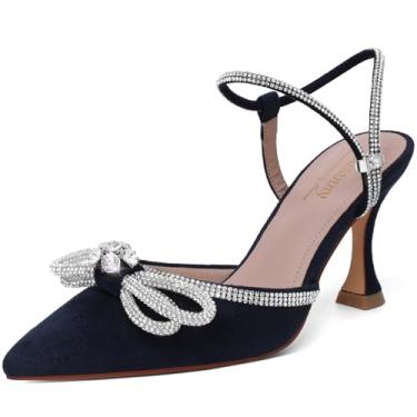 Imagem de Susanny Sapato feminino fechado Rhinstone casamento salto baixo slingback transparente gatinho, tira ajustável, bico fino, salto alto, vestido de formatura, Azul marinho, 40