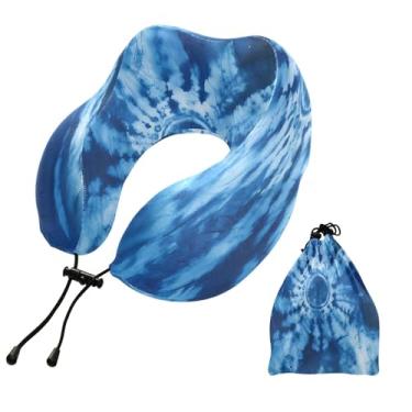 Imagem de CEBUGI Travesseiros de viagem portáteis em forma de U, travesseiro de pescoço de espuma viscoelástica com trava de corda ajustável para avião, viagem, trem, negócios, escritório, soneca (azul tie-dye)