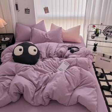 Imagem de Conjunto de cama minimalista de cor lisa, 3 peças, 1 capa de edredom, 2 fronhas, super macio, respirável, lavável na máquina, não desbota, cor pura, roxo taro, lençol com elástico de 1,5 m, 4 peças