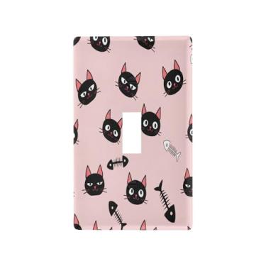 Imagem de Wassud Placa decorativa para tomada de parede com esqueletos de gato e peixe, interruptor único, 11 x 7 cm