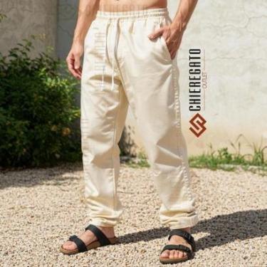 Imagem de Calça Baggy Masculina Bege Alfaiataria Linho Casual Reta-Masculino