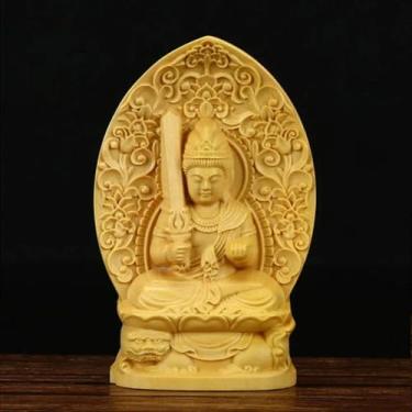Imagem de FENNYYAR Mini Bodhisattva Manjusri Estátua de Buda de madeira, 7 cm, 6,9 cm, escultura de madeira maciça Feng Shui, decoração de casa