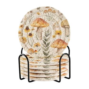 Imagem de SEHANY Conjunto de 6 porta-copos de cogumelos florestais com suporte, porta-copos redondos absorventes de algodão resistente ao calor para mesa de jantar, canecas de café, 10 cm
