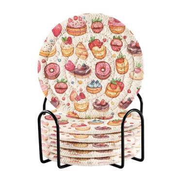 Imagem de SEHANY Conjunto de 6 porta-copos de sobremesa fofos com suporte, porta-copos redondos absorventes de algodão resistente ao calor para mesa de jantar, canecas de café, proteção de copos, 10 cm