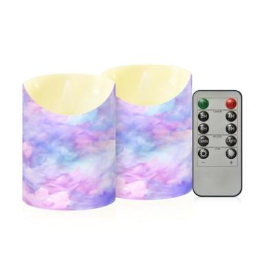 Imagem de Wassud Velas sem chama de flor tie dye lavanda com controle remoto, velas realistas cintilantes com temporizador, velas decorativas para Natal, casamento, festa, decoração de casa pequenas