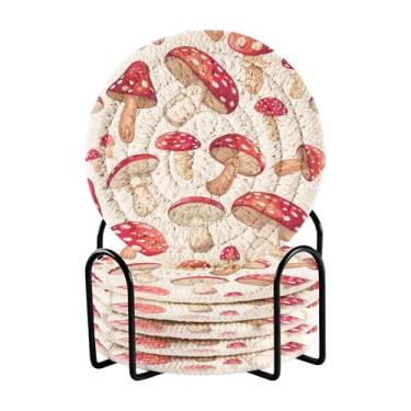 Imagem de SEHANY Conjunto de 6 porta-copos de cogumelos florestais com suporte, porta-copos redondos absorventes de algodão resistente ao calor para mesa de jantar, canecas de café, 10 cm