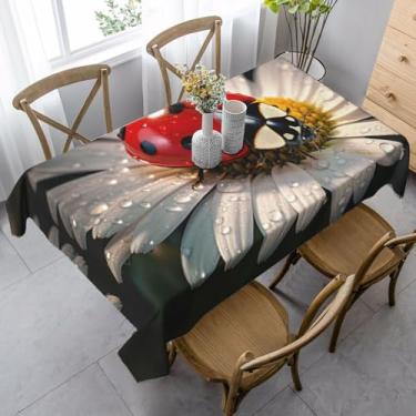 Imagem de SKKNT Toalha de mesa de jantar com estampa de flores de joaninha, 89 x 139 cm, retangular, impermeável, reutilizável, festa de jantar