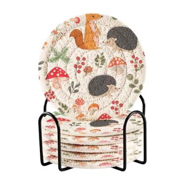 Imagem de SEHANY Conjunto de 6 porta-copos de cogumelos florestais com suporte, porta-copos redondos absorventes de algodão resistente ao calor para mesa de jantar, canecas de café, 10 cm