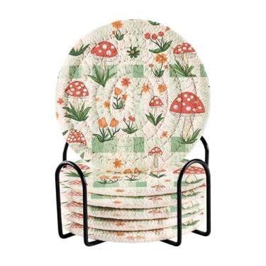Imagem de SEHANY Conjunto de 6 porta-copos de cogumelos florestais com suporte, porta-copos redondos absorventes de algodão resistente ao calor para mesa de jantar, canecas de café, 10 cm