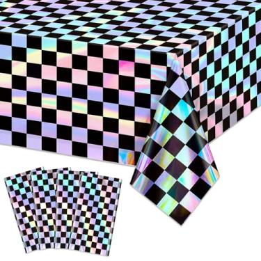 Imagem de PIXHOTUL 4 Pcs Black Checkered Iridescent Tablecloths, Shiny Disposable Laser Checkered Flag Tablecover for Birthday Racing Car Party Disco Retro Iridescent Party, 51 X 86in
