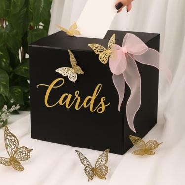 Imagem de suvast Caixa de presente para cartão, chá de bebê, festa de aniversário e formatura – porta-cartão de presente de 22 x 22 x 22 cm com 10 cartões comemorativos, 12 borboletas e 1 decoração de laço rosa