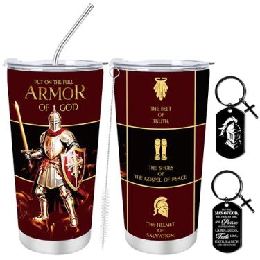 Imagem de Silkovahamd Presentes de agradecimento do pastor cristão - 2 peças de presentes religiosos para homens, chaveiro de copo isolado armadura de Deus de 590 ml, presente de aniversário de Natal para o pai