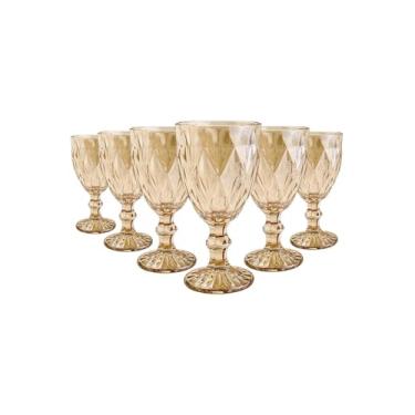 Imagem de Conjunto 6 Taças de Vidro Diamond Gold, 325ml, Acabamento Dourado, Relevo Diamantado, 17cm Altura, para Água e Drinks